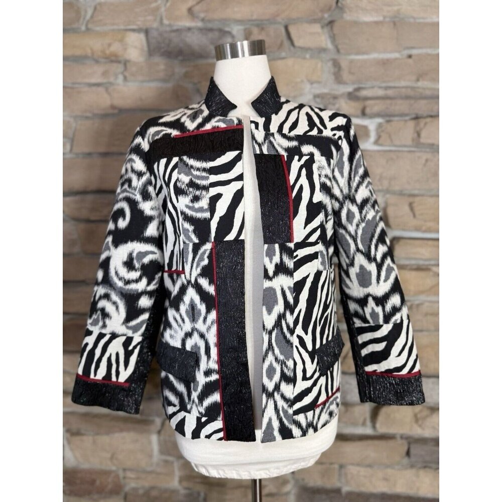 Chicos Womens Sz 2 Animal Print Jacket/Blazer Metallic Shimmery Black Red White